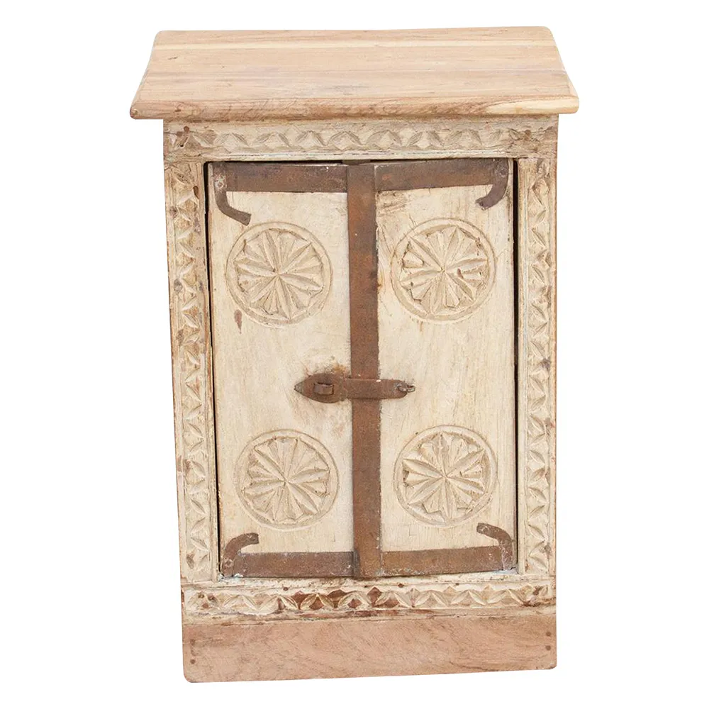 Rustic Carved Bleached Bedside Cabinet - Brown