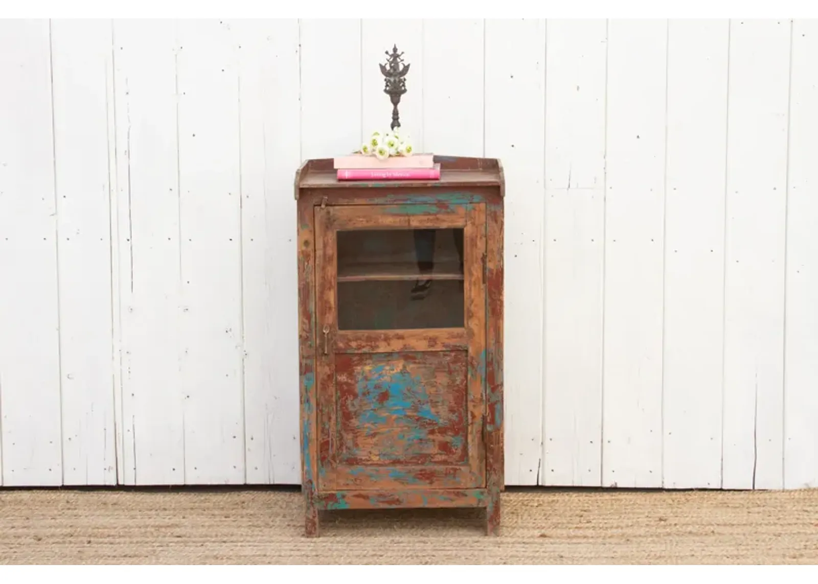 Antique Multicolor Painted Slim Cabinet - Red