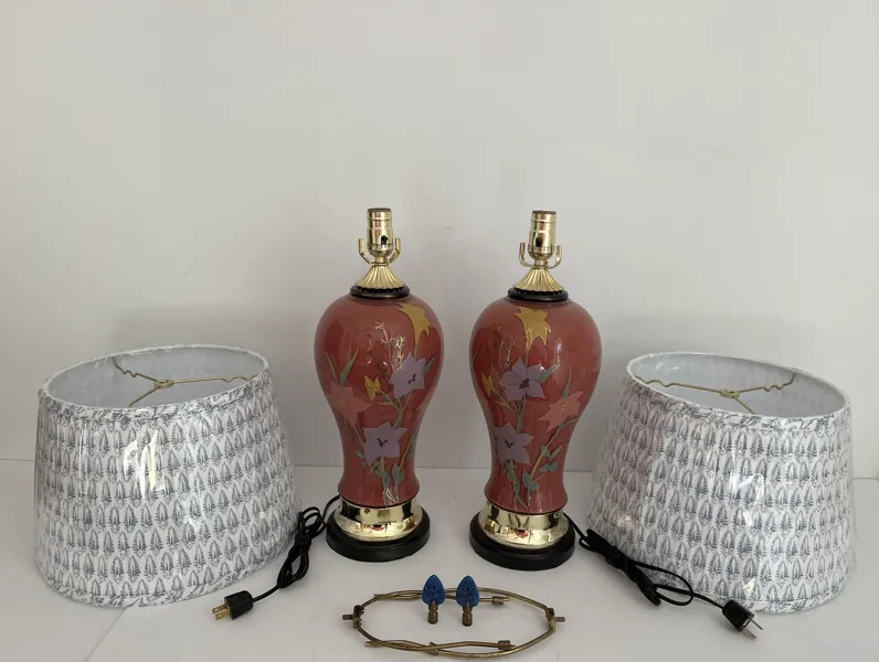 1970s Floral Vase Lamps & Shades - Set of 2 - Red