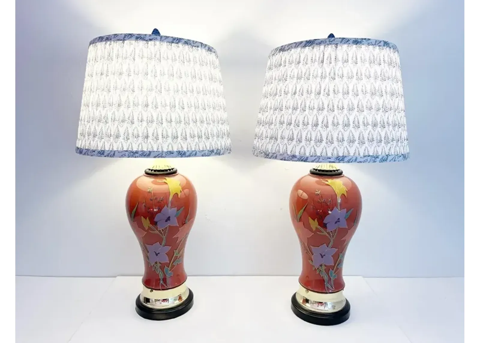 1970s Floral Vase Lamps & Shades - Set of 2 - Red