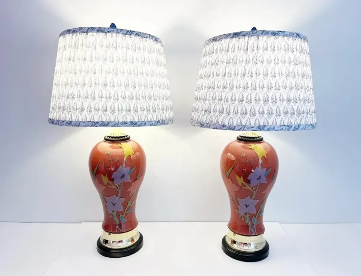 1970s Floral Vase Lamps & Shades - Set of 2 - Red