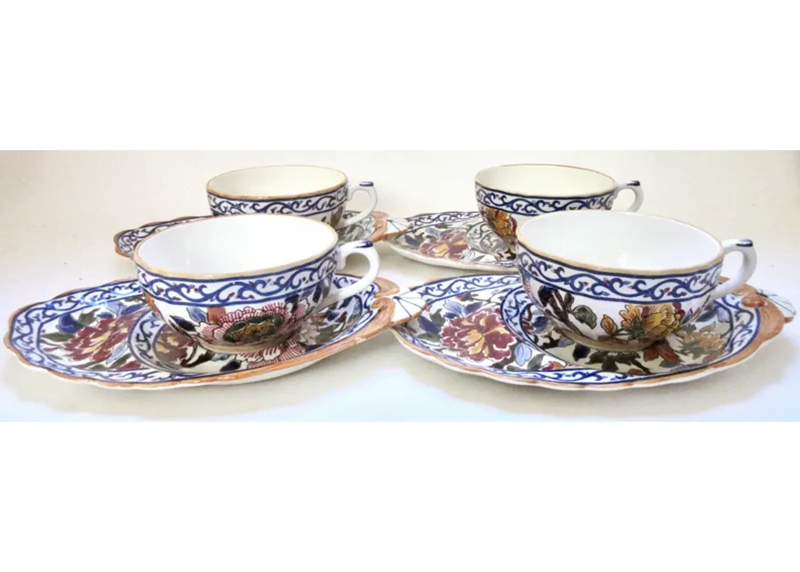 French Faience Peonies Breakfast Sets - Blue