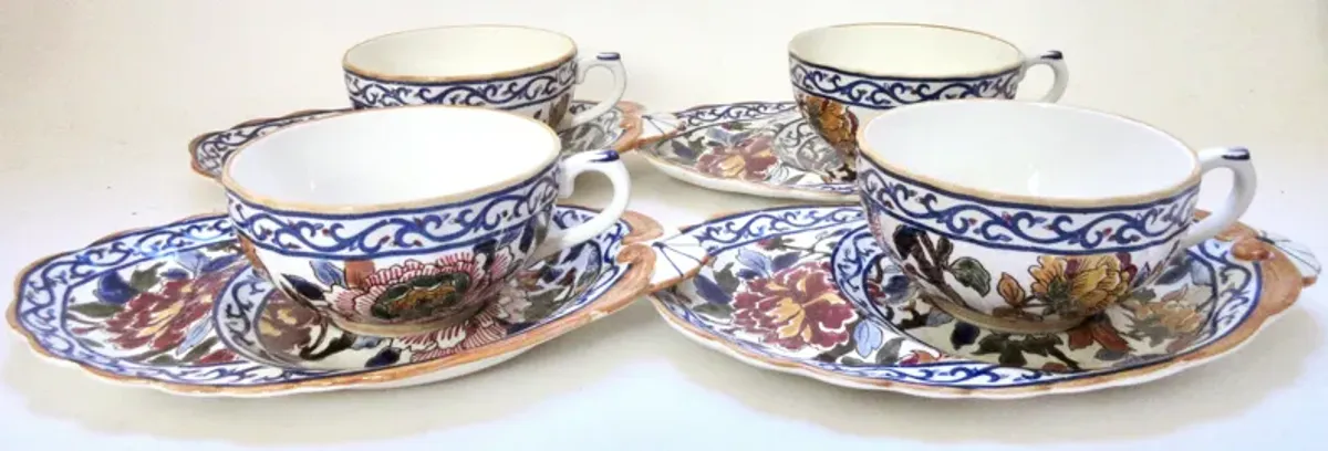 French Faience Peonies Breakfast Sets - Blue