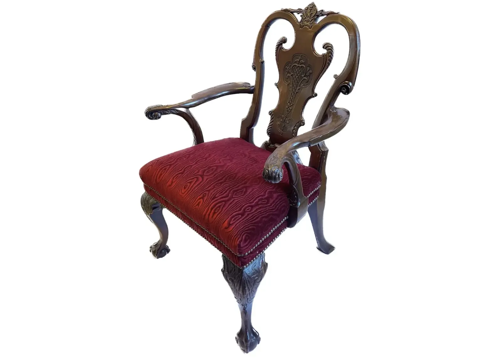 Queen Anne Caved Leaf & Velvet Armchair - Brown