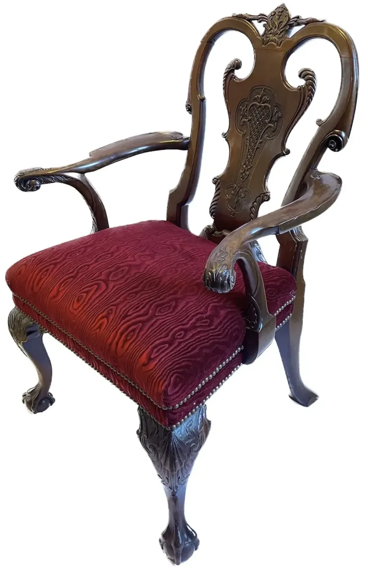 Queen Anne Caved Leaf & Velvet Armchair - Brown