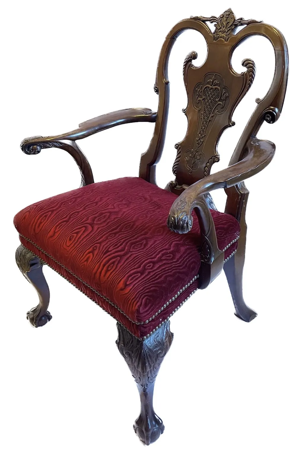 Queen Anne Caved Leaf & Velvet Armchair - Brown