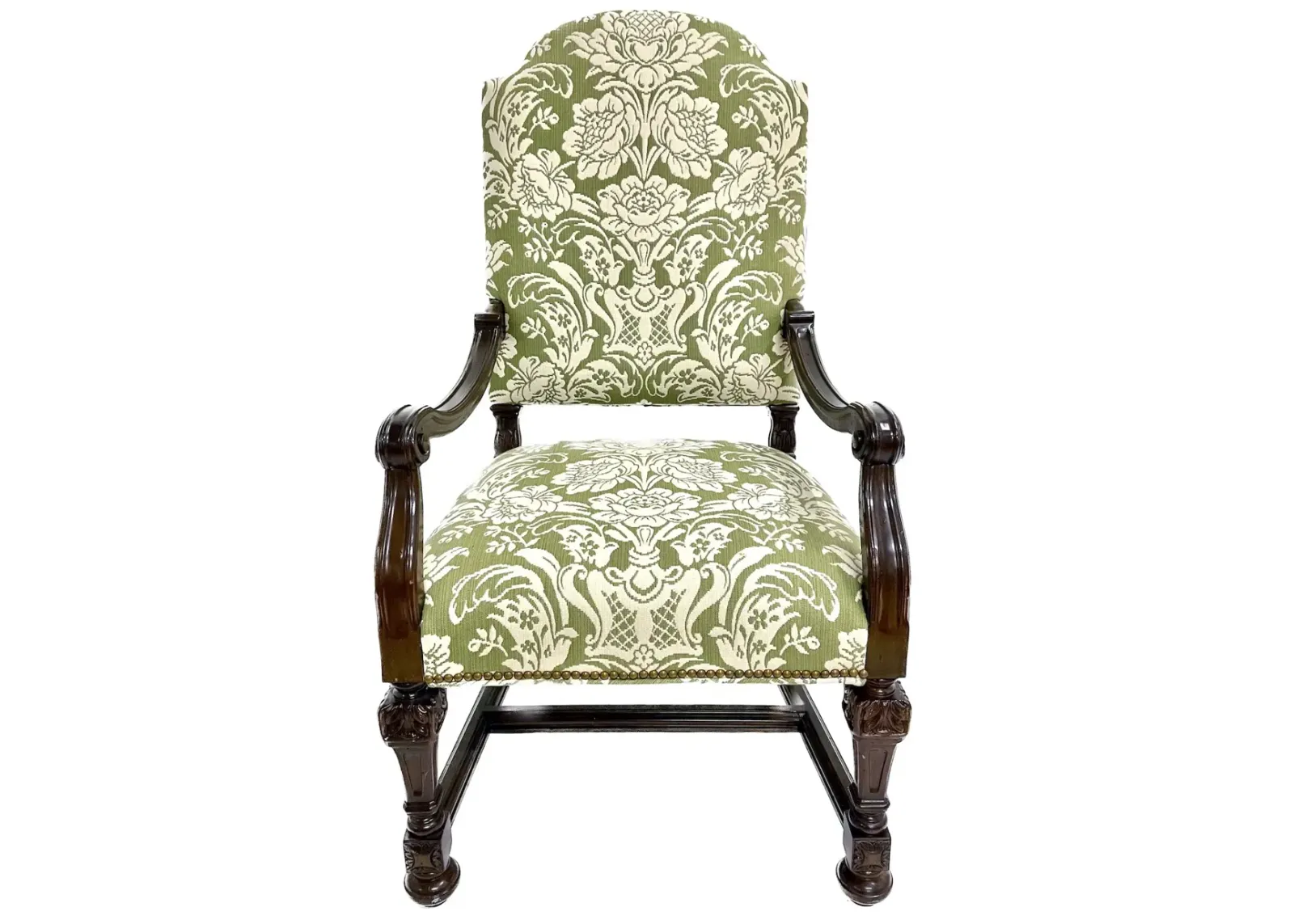 Carved & Green Floral Damask Armchair