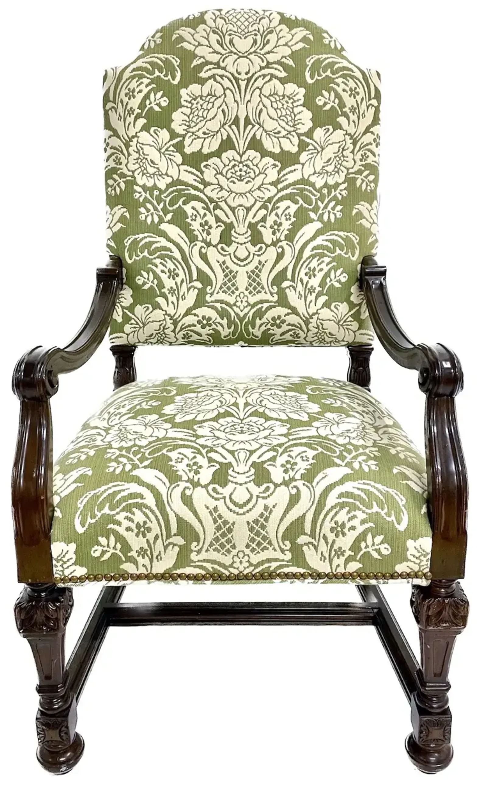 Carved & Green Floral Damask Armchair