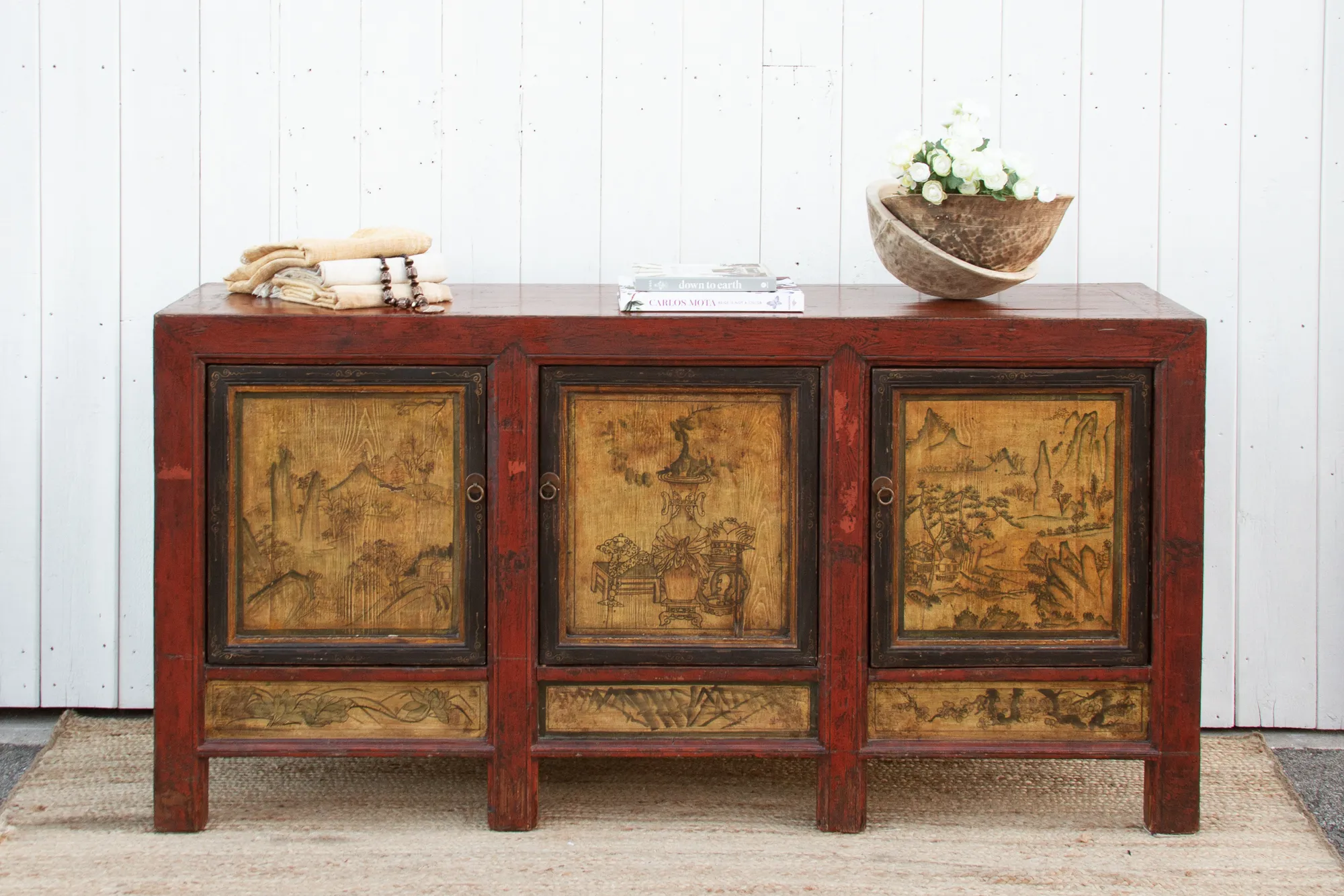 Long Painted Mongolian Sideboard Cabinet - Red