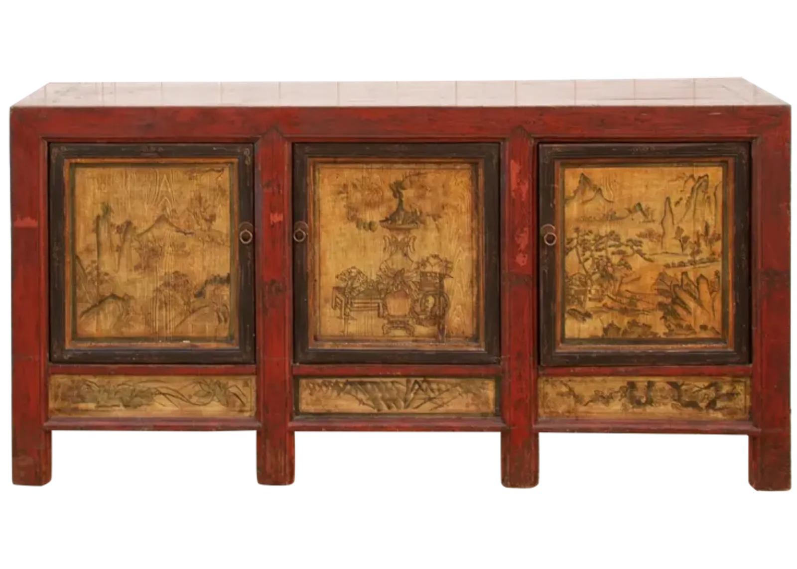 Long Painted Mongolian Sideboard Cabinet - Red