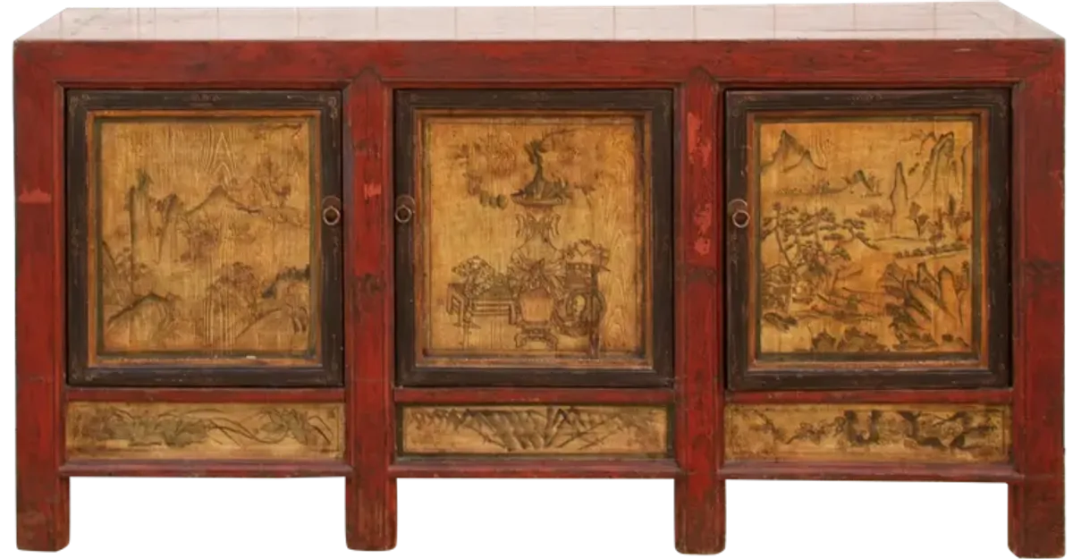 Long Painted Mongolian Sideboard Cabinet - Red