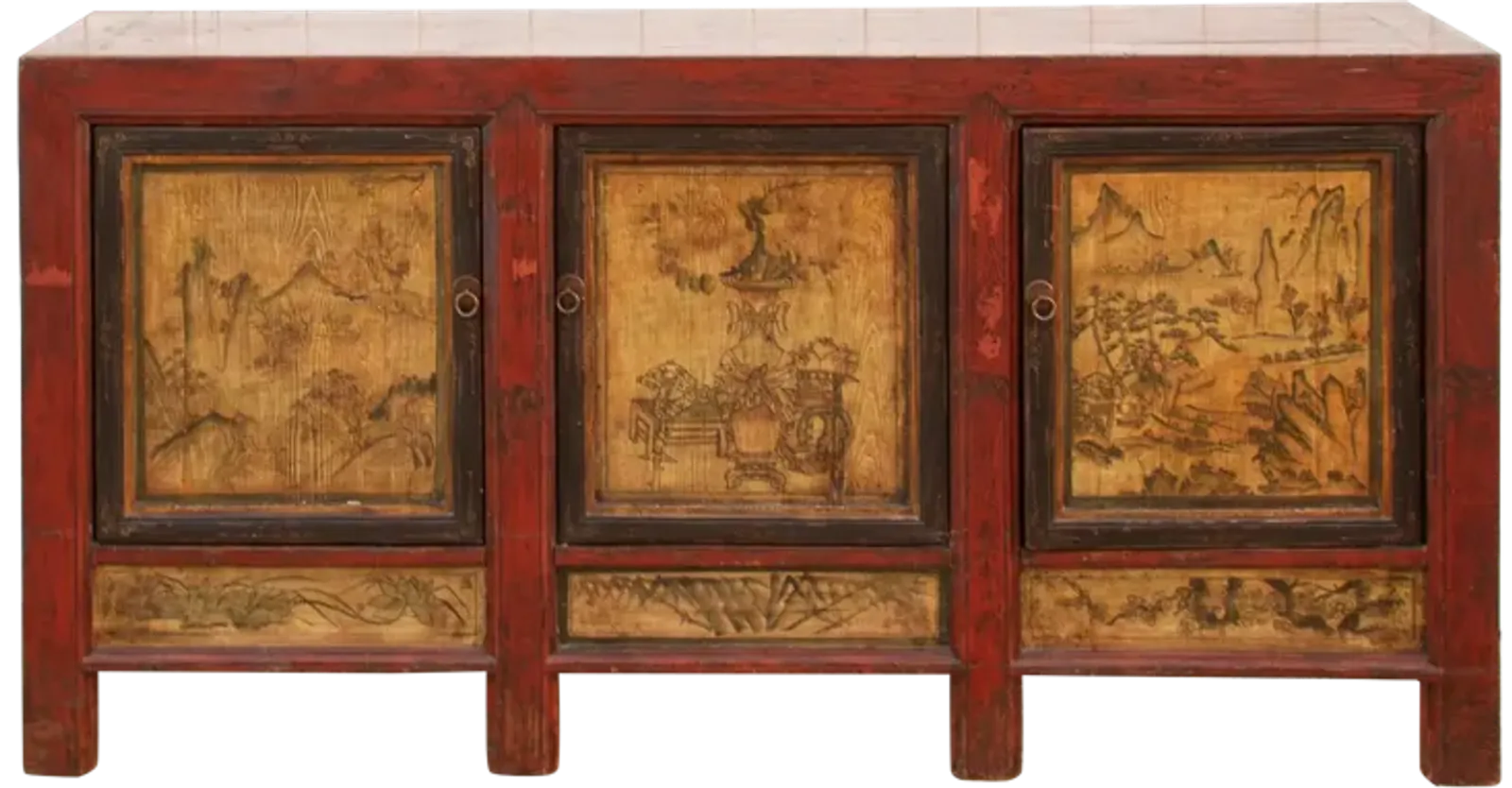 Long Painted Mongolian Sideboard Cabinet - Red