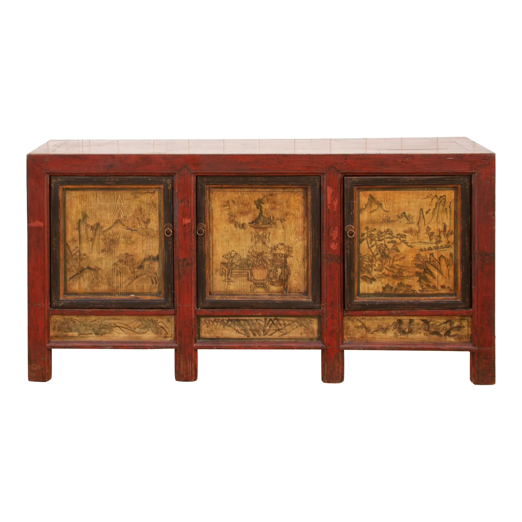 Long Painted Mongolian Sideboard Cabinet - Red