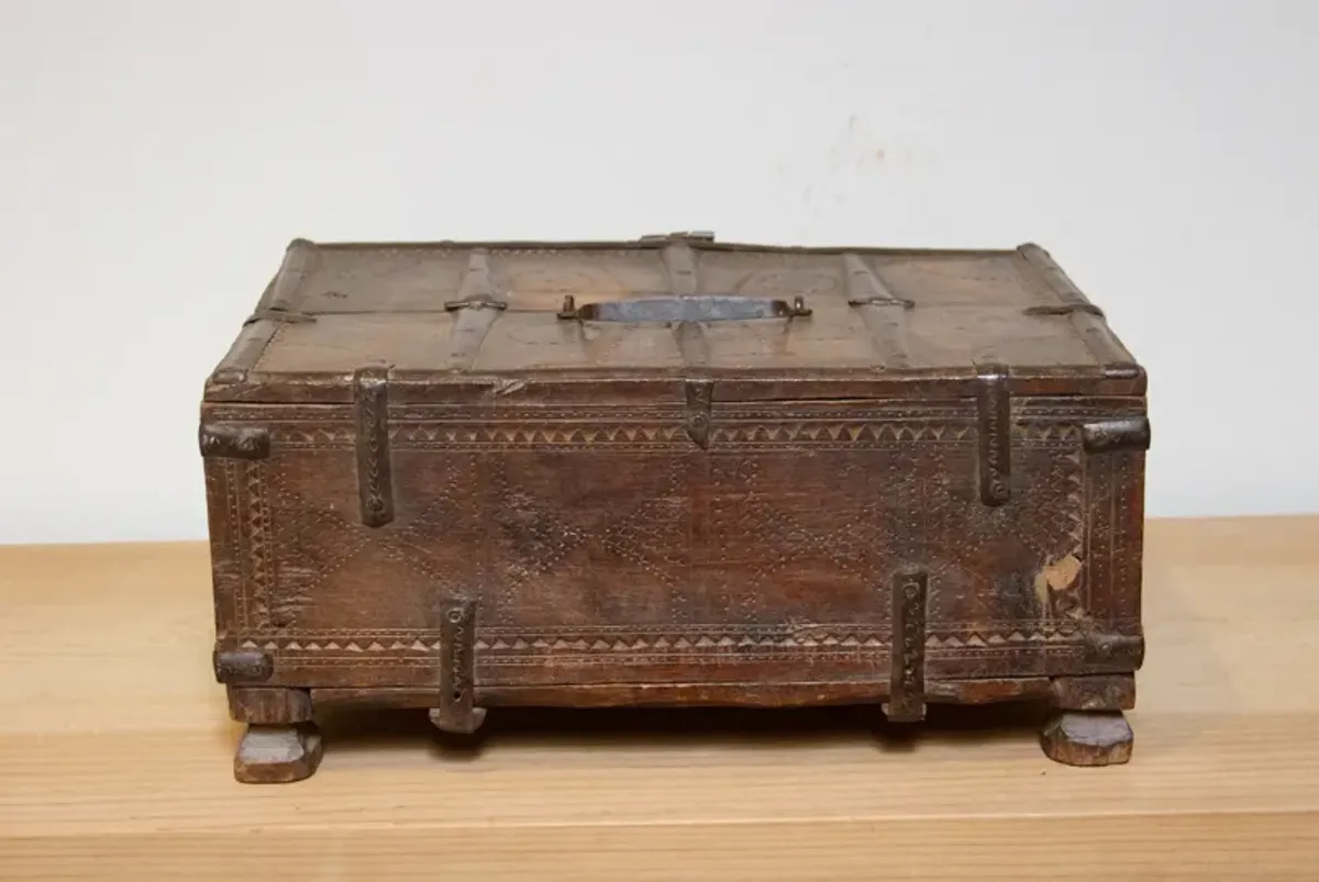 Rustic Carved Antique Cash Box - Brown