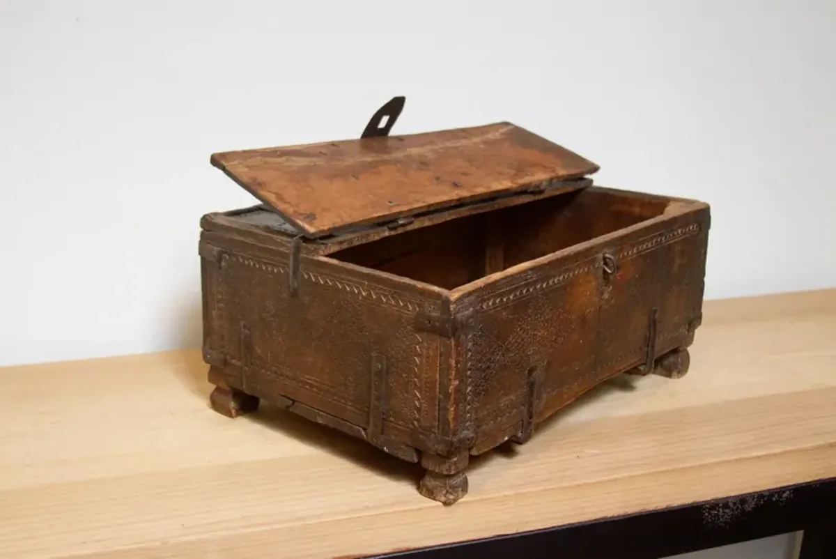 Rustic Carved Antique Cash Box - Brown