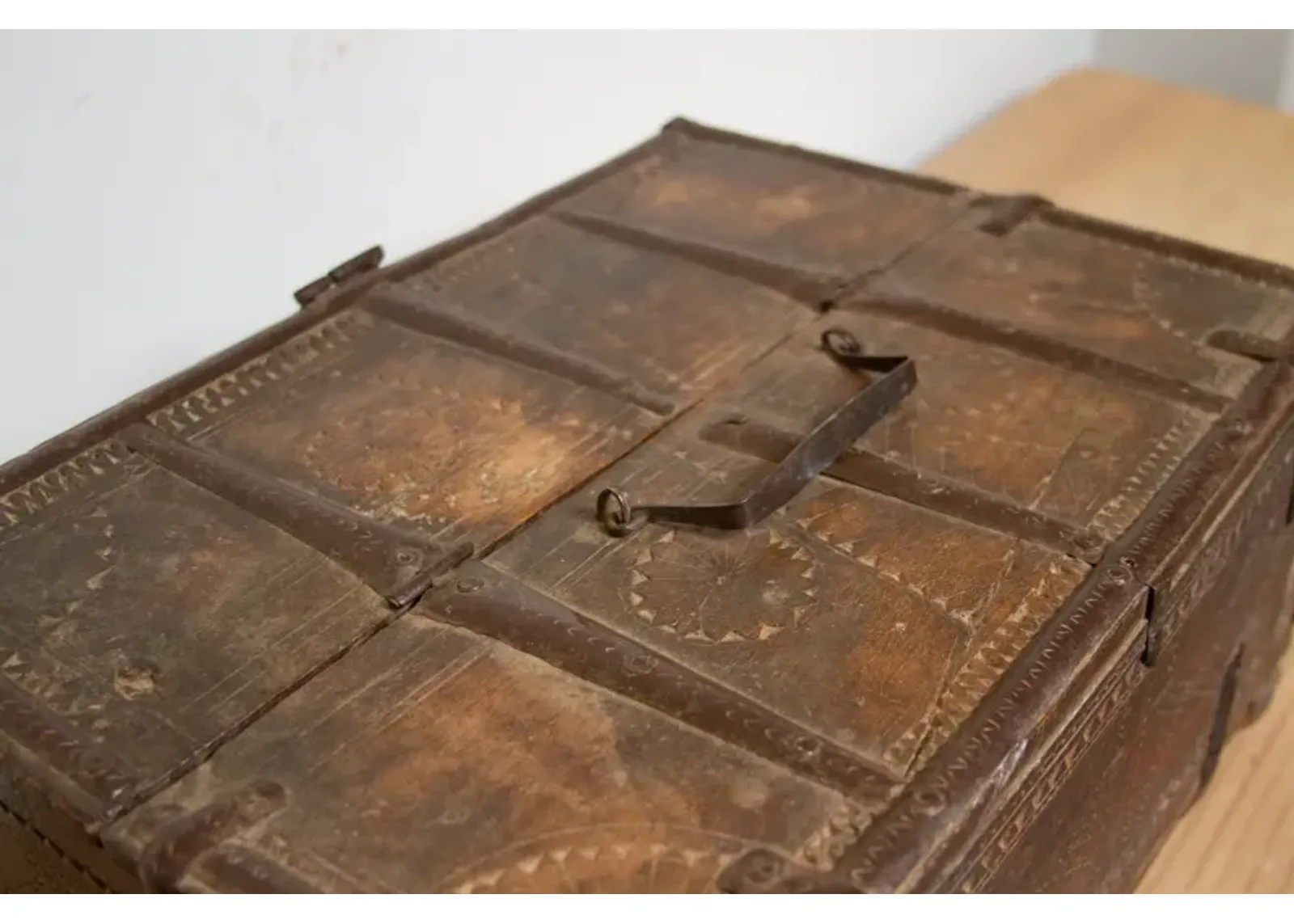 Rustic Carved Antique Cash Box - Brown