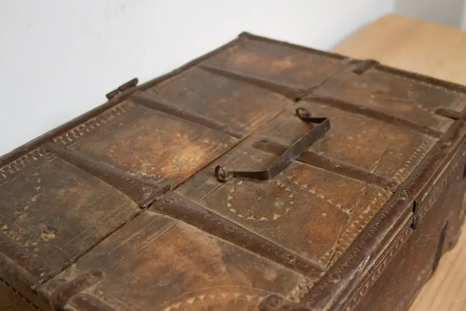 Rustic Carved Antique Cash Box - Brown