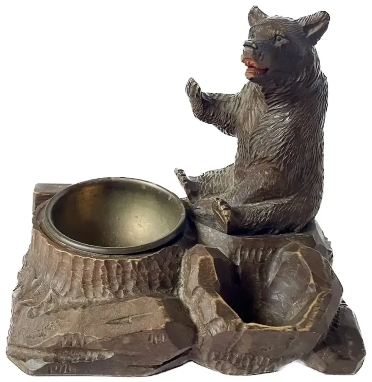 Antique Black Forest Carved Bear Inkwell - Brown