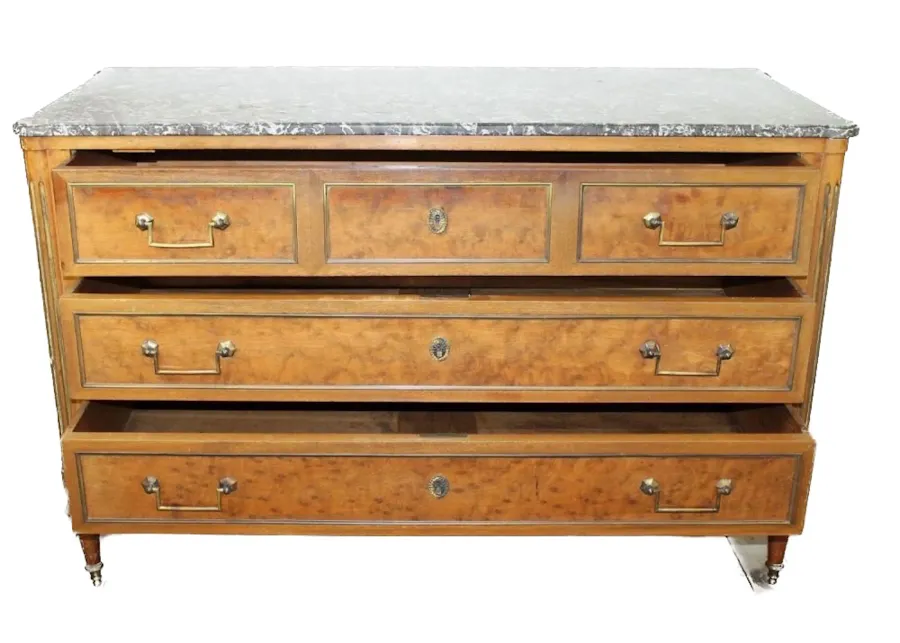 French Louis XVI Walnut & Marble Commode - Brown