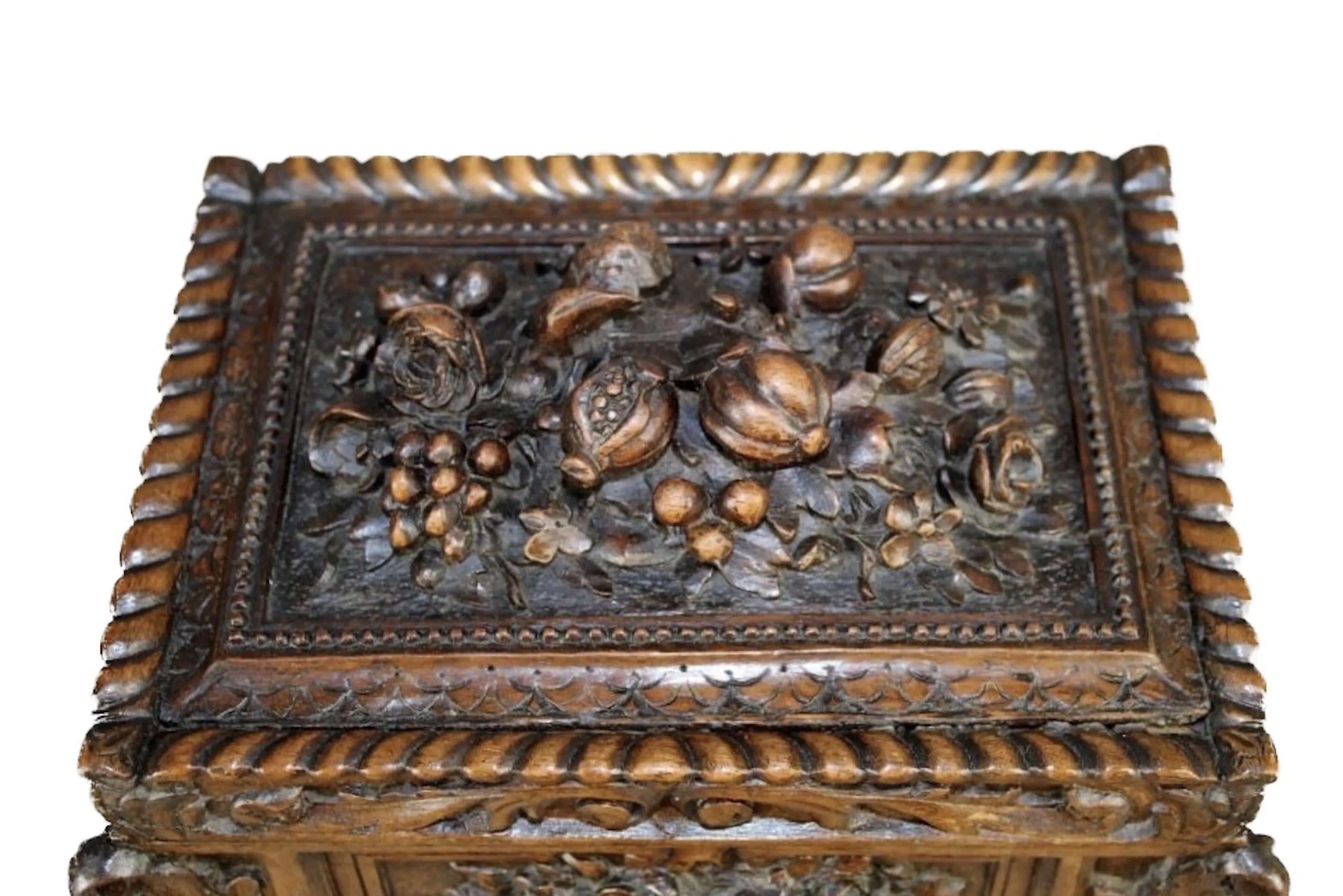 French Relief Carved Fruit Dresser Box - Brown