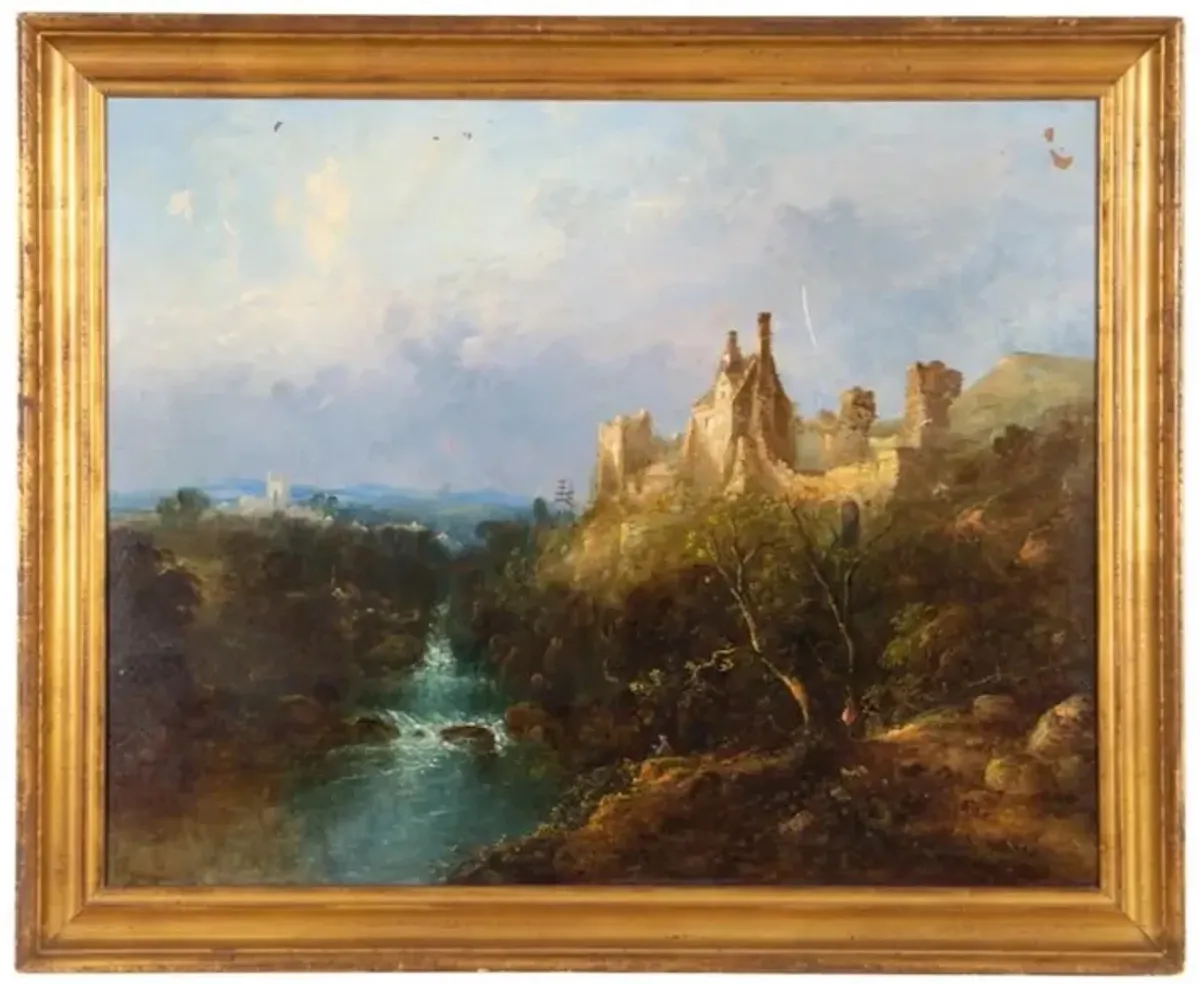 Antique Hawthornden Castle Oil Painting - Brown