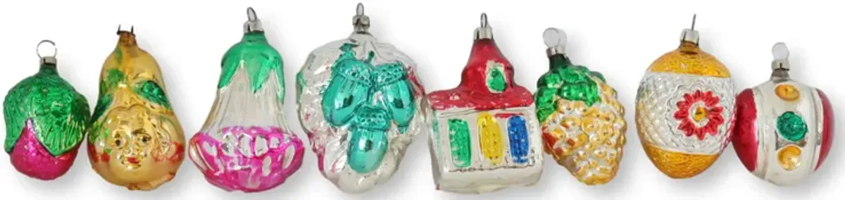 Midcentury Mercury Glass Ornaments - Set of 8 - blue