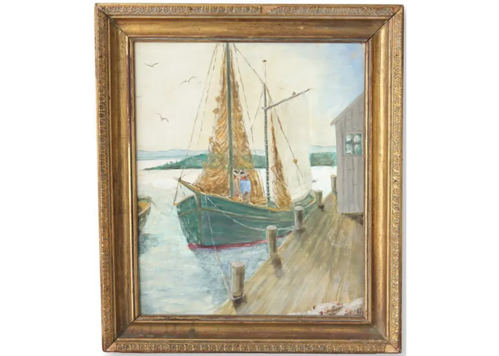 Midcentury French Harbor / Boat Painting - Blue