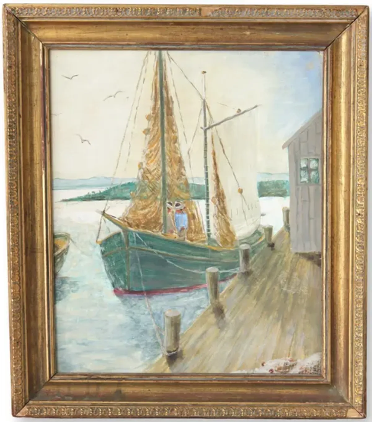 Midcentury French Harbor / Boat Painting - Blue