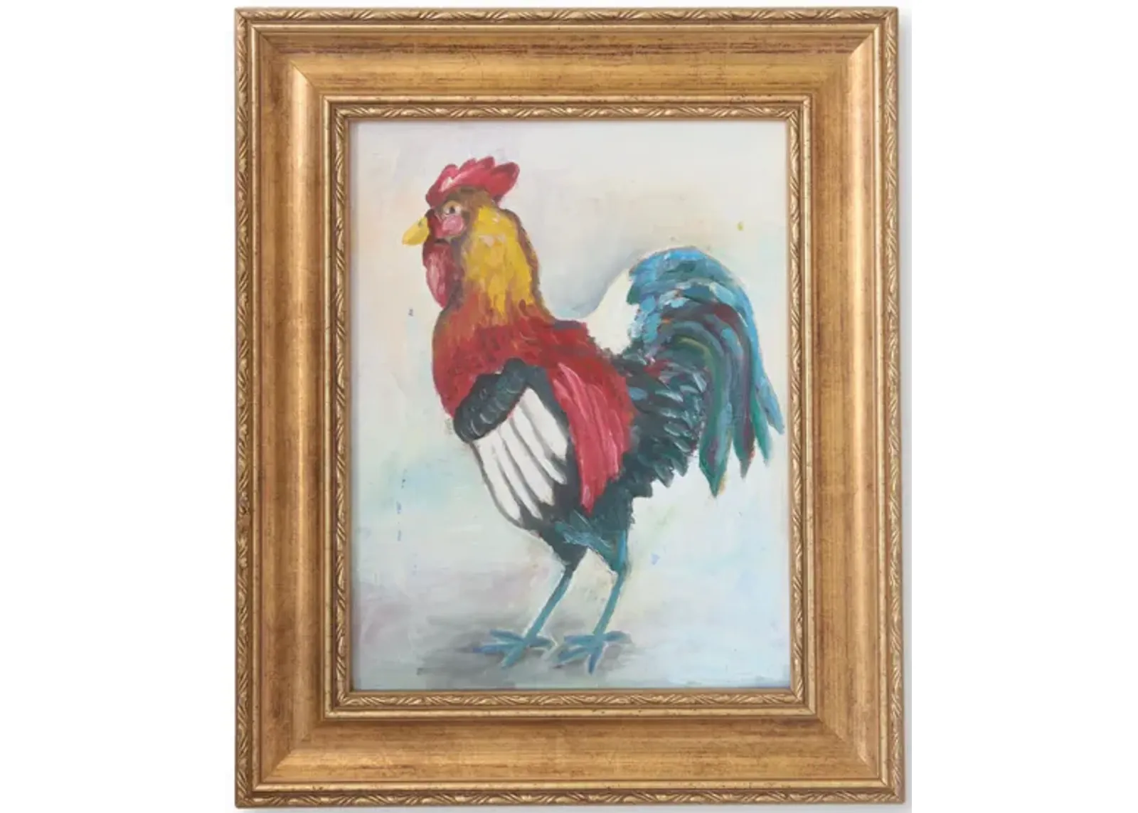 Midcentury French Oil on Canvas - Rooster - Blue