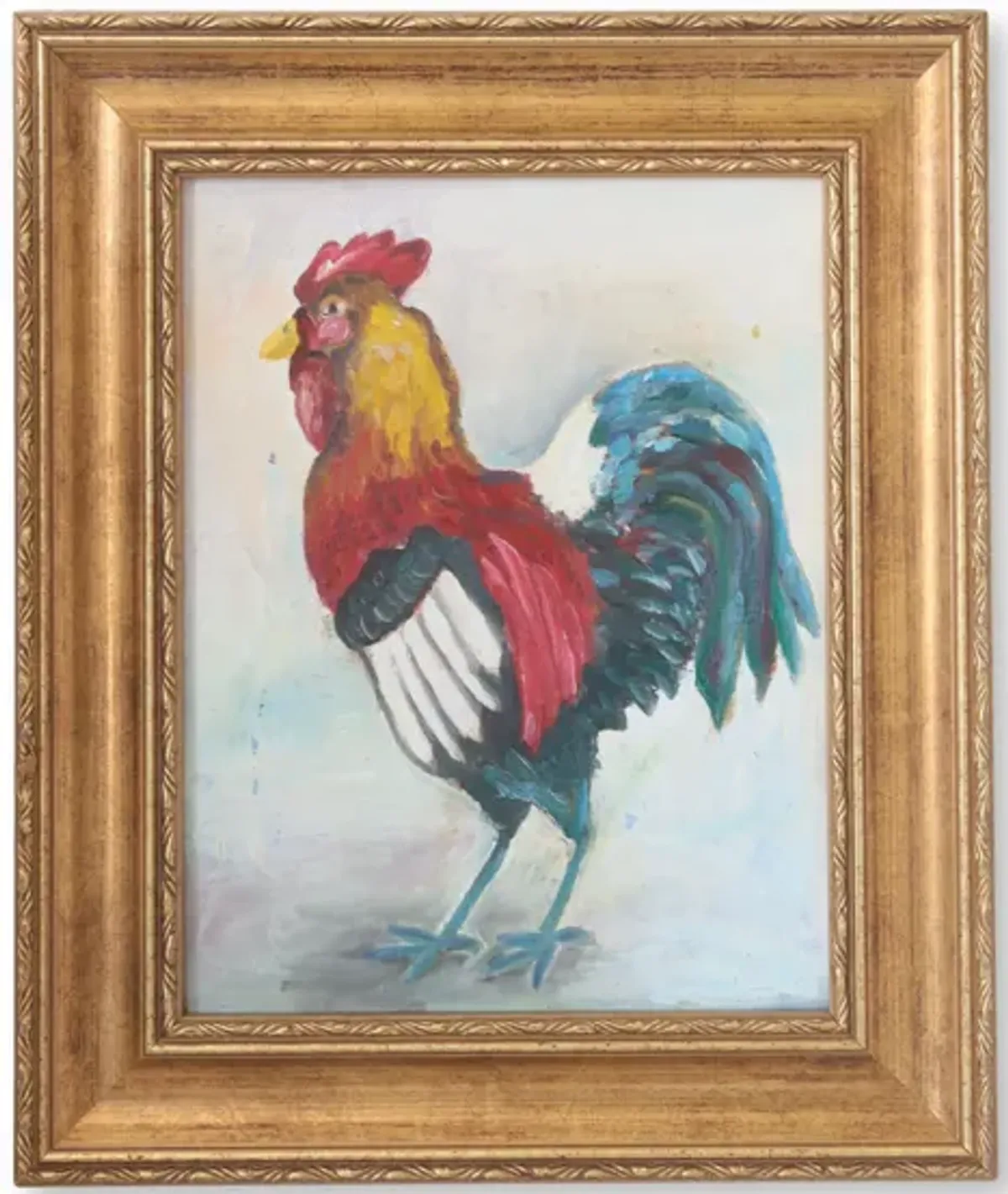 Midcentury French Oil on Canvas - Rooster - Blue