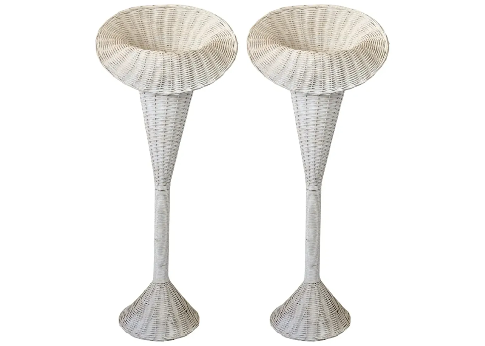 Midcentury White Wicker Plant Stands