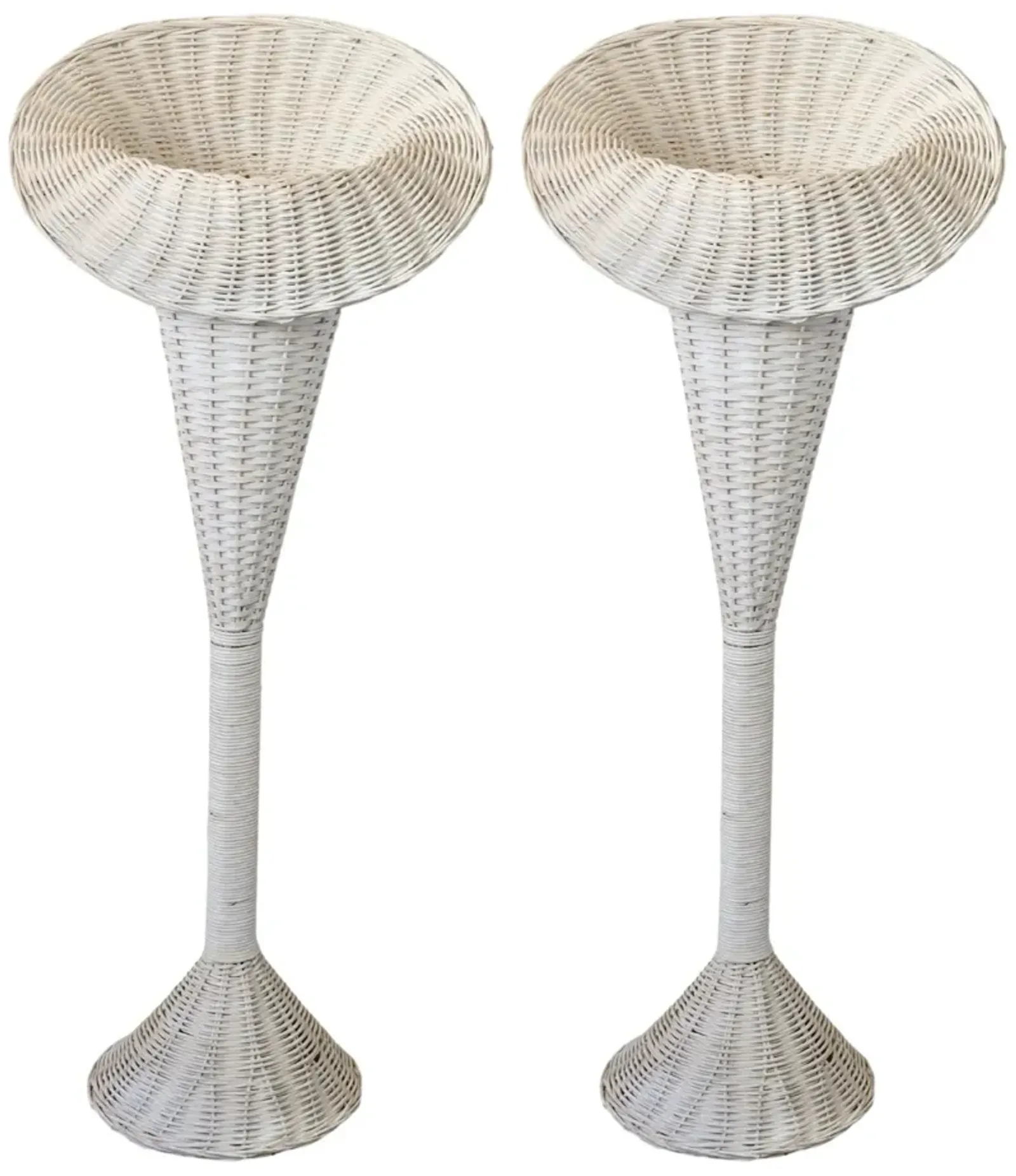 Midcentury White Wicker Plant Stands