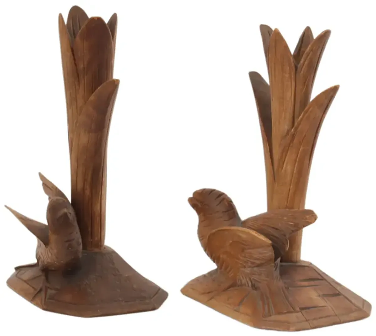 French Carved Wood Bird Vases - Brown