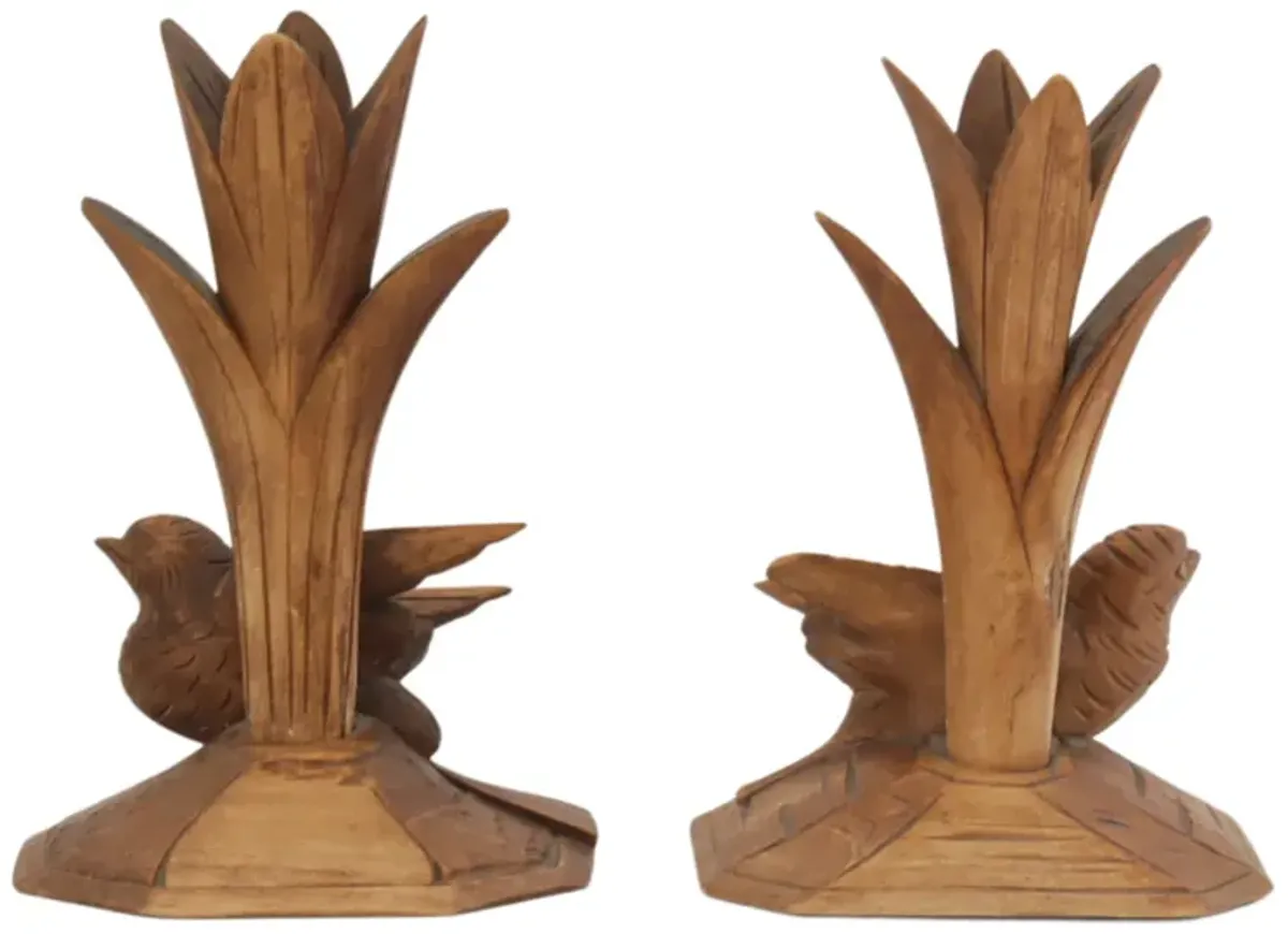 French Carved Wood Bird Vases - Brown