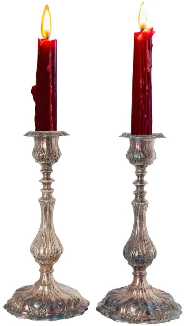 Antique Silver-Plated Candlesticks - Set of 2 - Rose Victoria