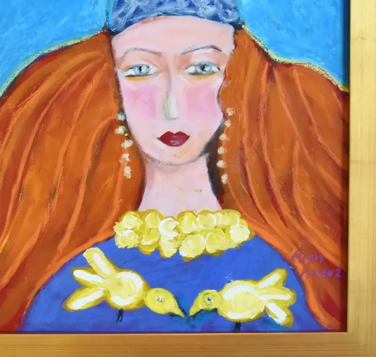 French Red-Headed Lady with Birds Painting - Blue