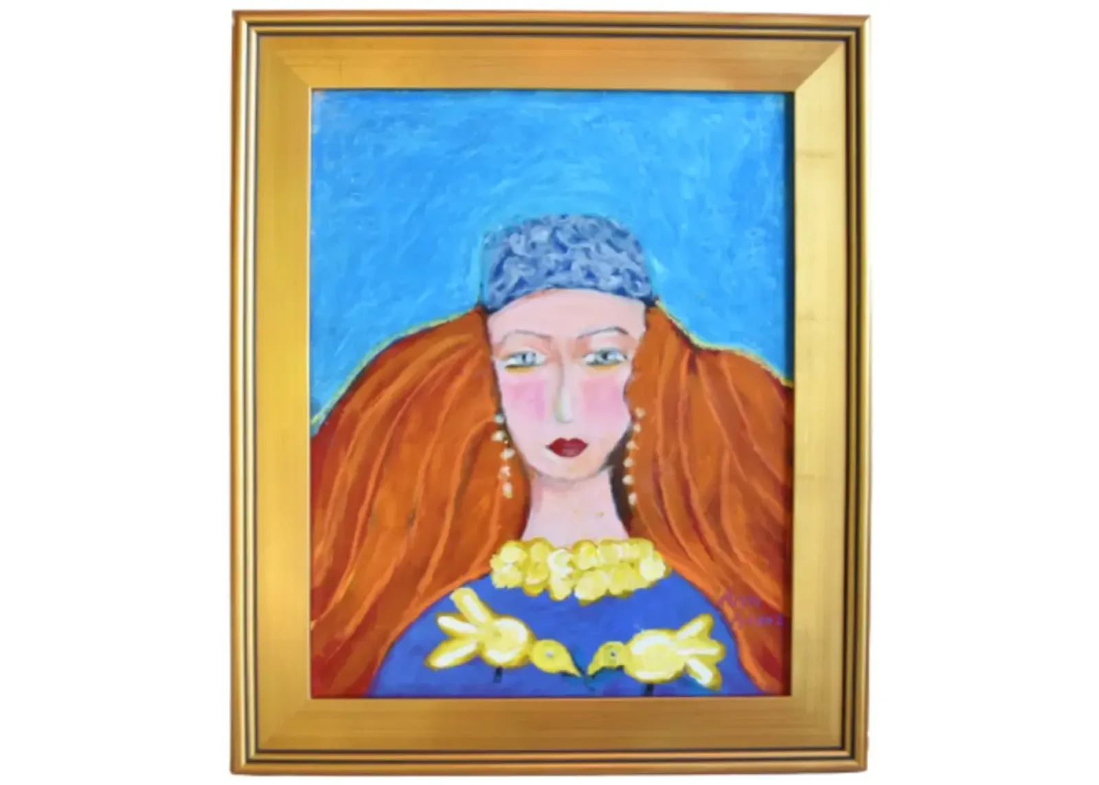 French Red-Headed Lady with Birds Painting - Blue