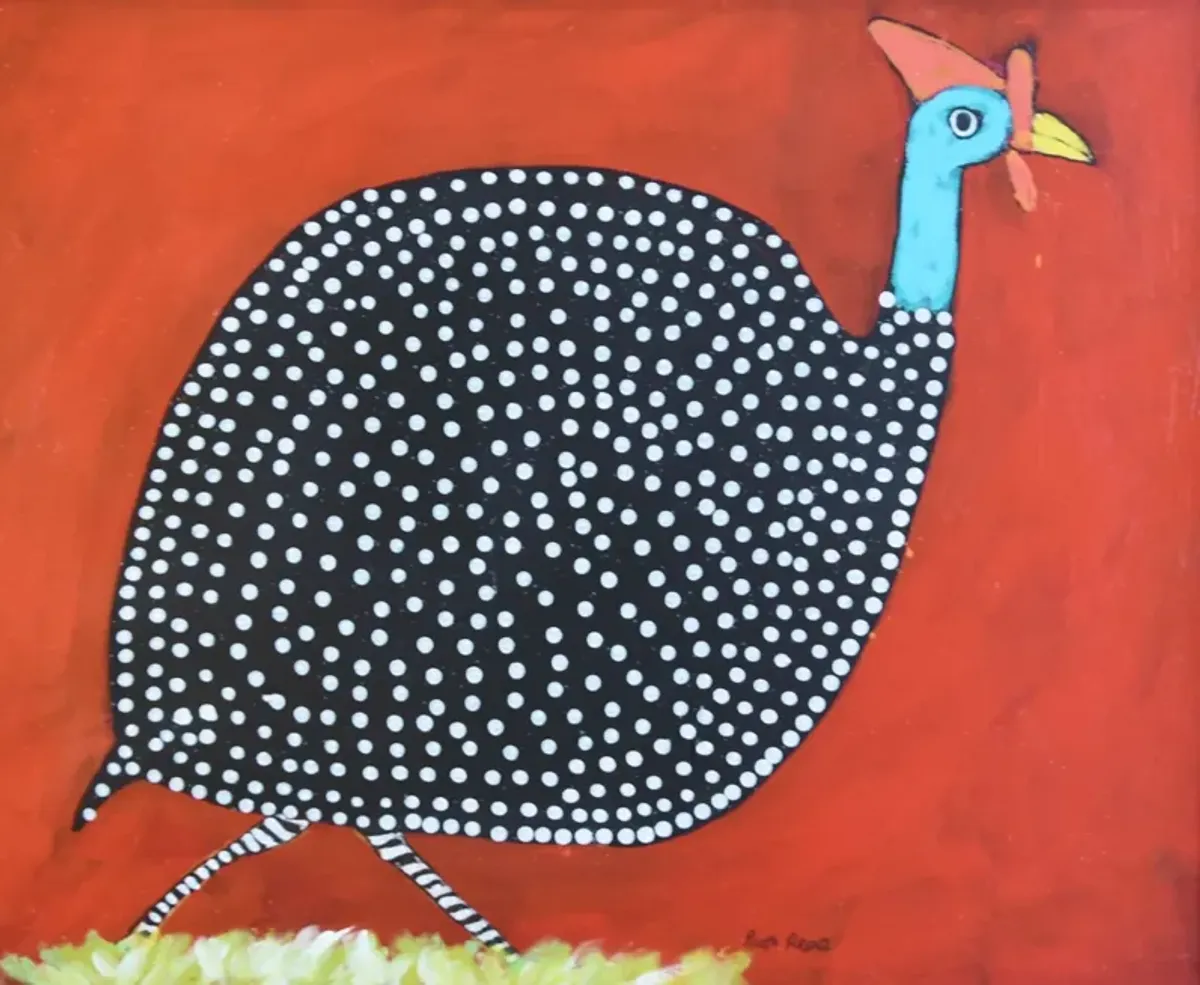 Folk Art Chicken Guinea Hen Oil Painting - Red