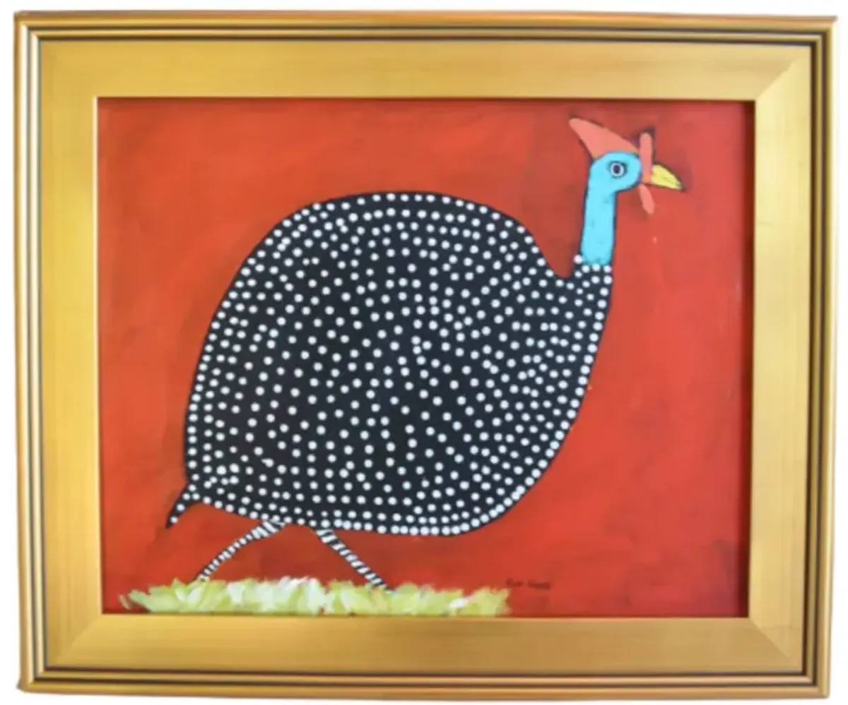 Folk Art Chicken Guinea Hen Oil Painting - Red