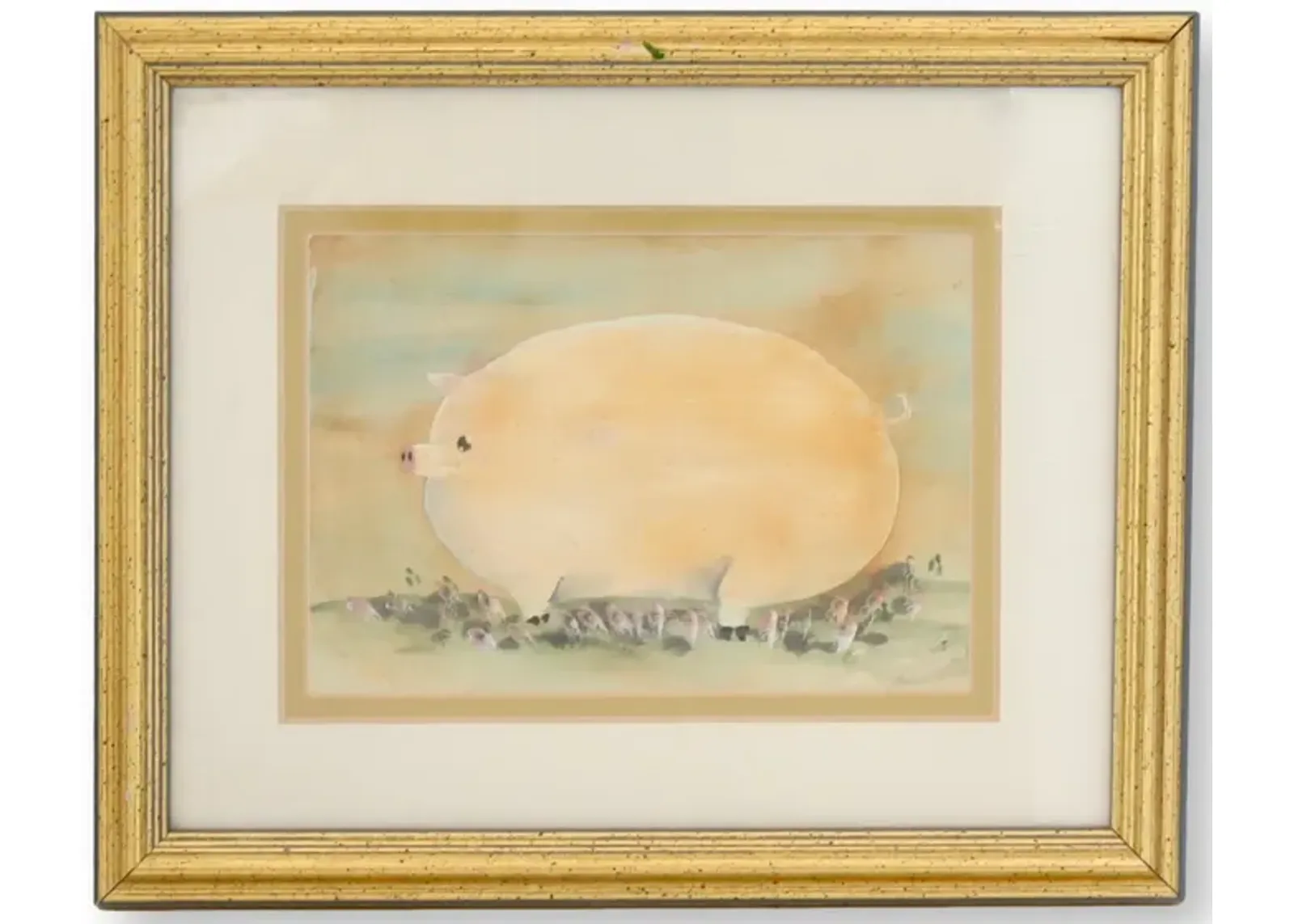 Framed Folk Art Pig Water Color