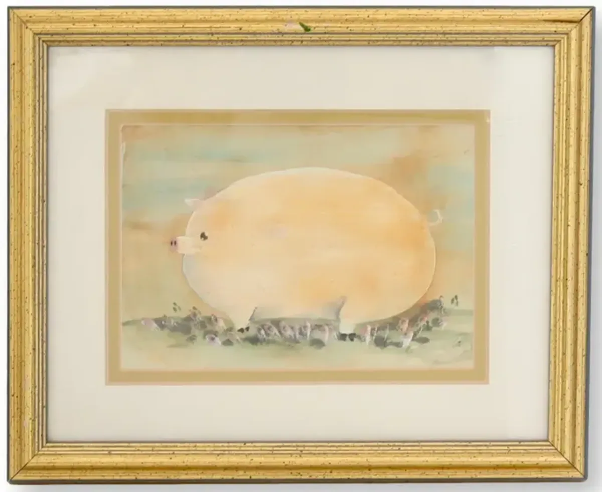 Framed Folk Art Pig Water Color