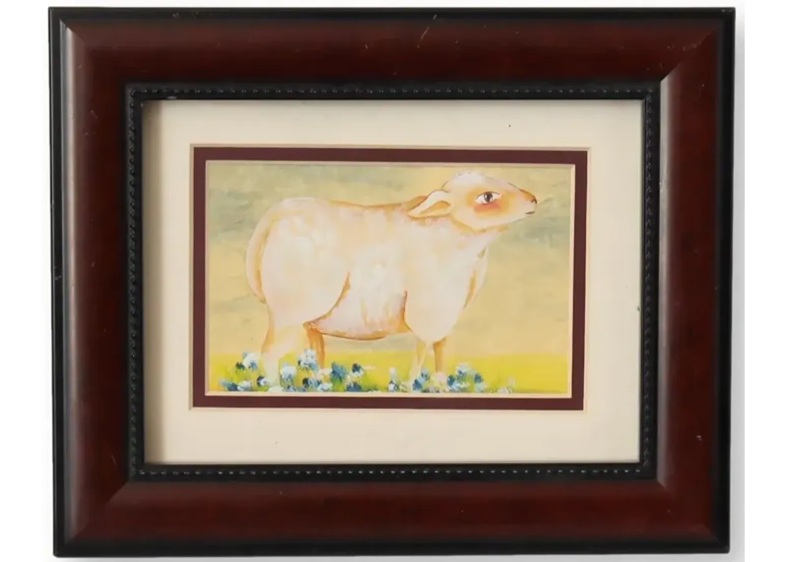 Framed Folk Art Sheep Water Color