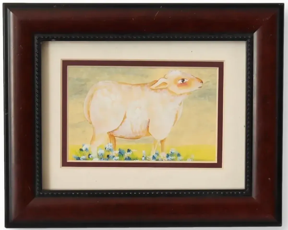 Framed Folk Art Sheep Water Color