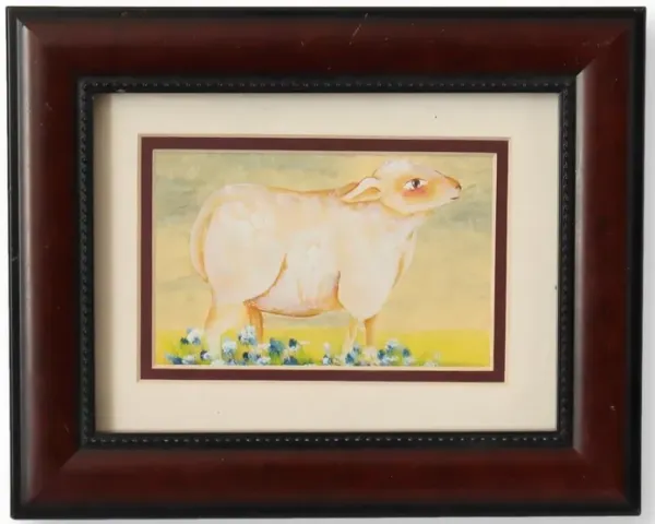 Framed Folk Art Sheep Water Color - New England Mercantile - Yellow
