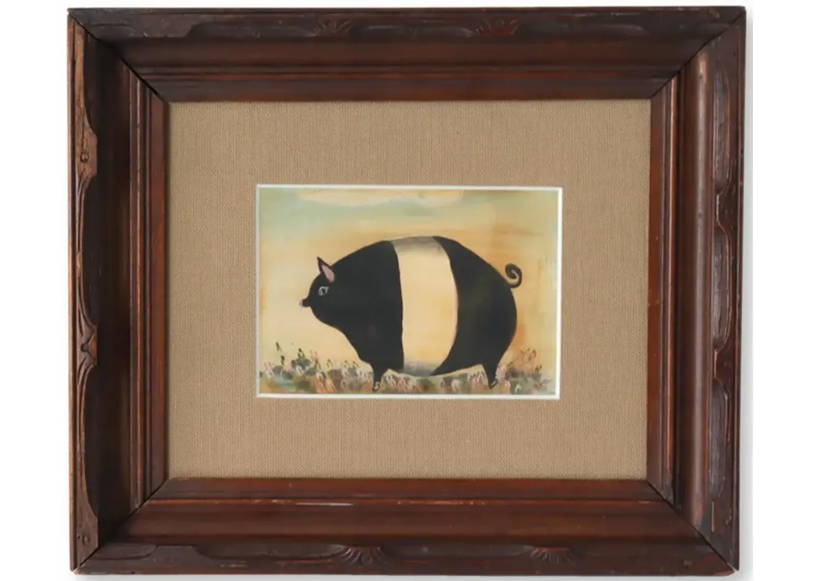 Framed Folk Art Pig Water Color