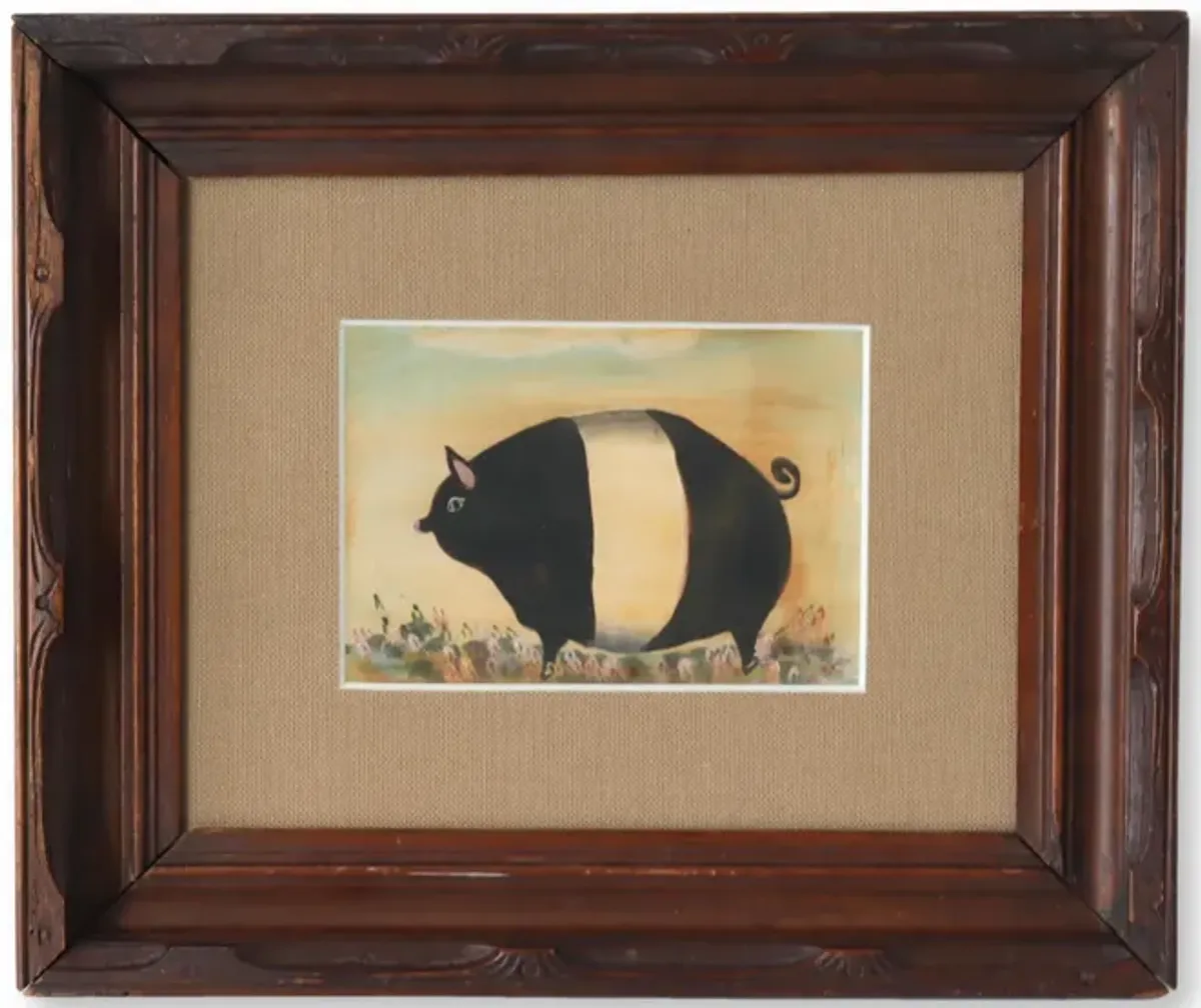 Framed Folk Art Pig Water Color