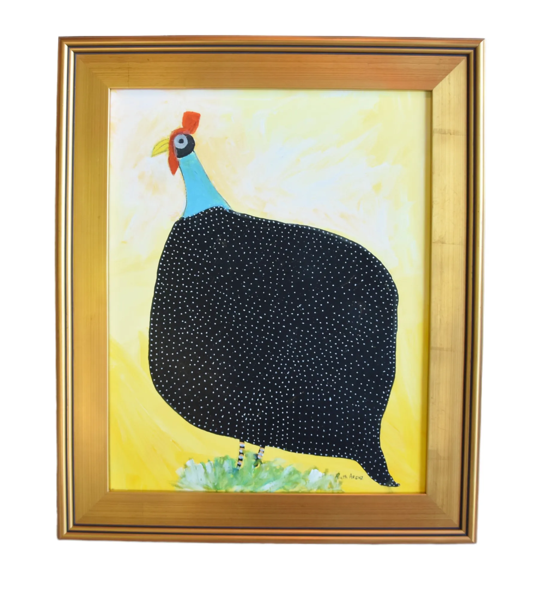 Folk Art Chicken Guinea Hen Oil Painting - Black