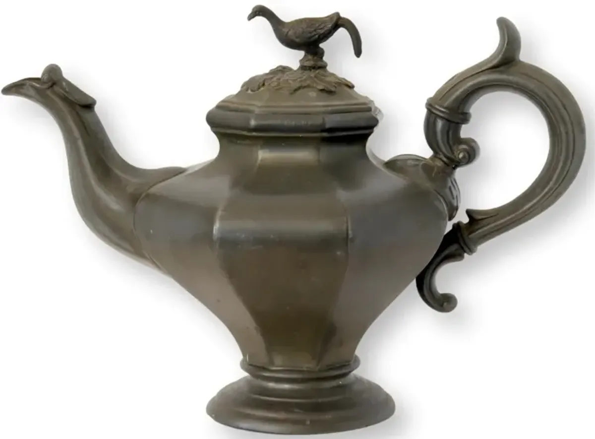 C.1890 Sheffield Pewter Teapot with Bird