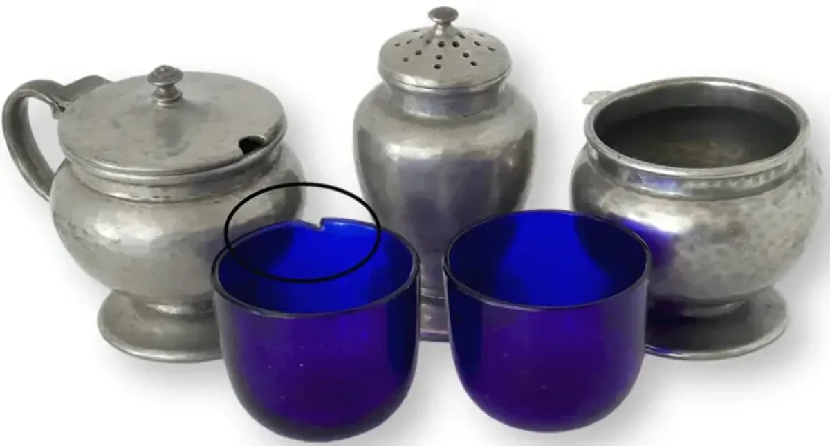 Antique English Pewter Trio Cruet Set - Blue