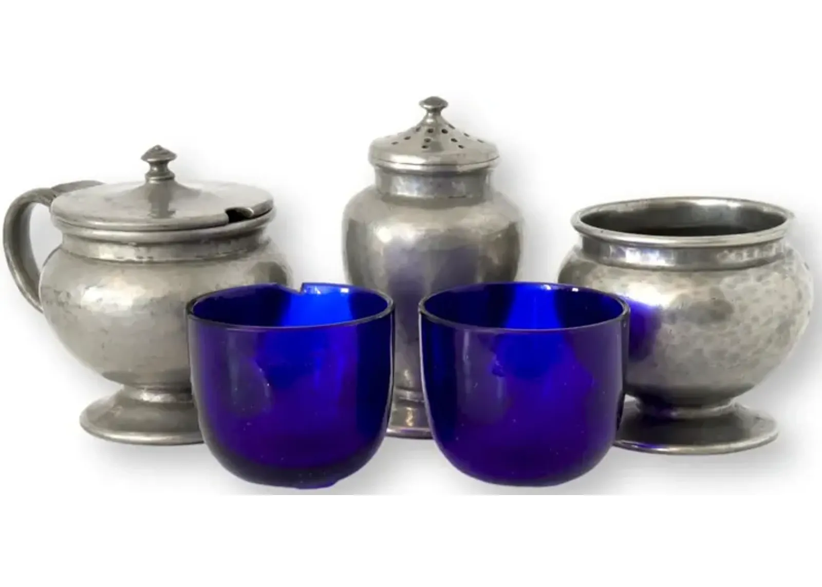 Antique English Pewter Trio Cruet Set - Blue